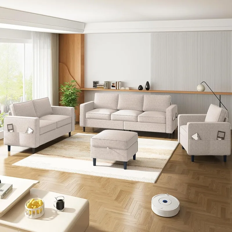 

Комплекты диванов для гостиной из 3 предметов, современный 3-местный диван с пуфиком и двухместным сиденьем и комплектами кресел, L-образный диван из льняной ткани + 2