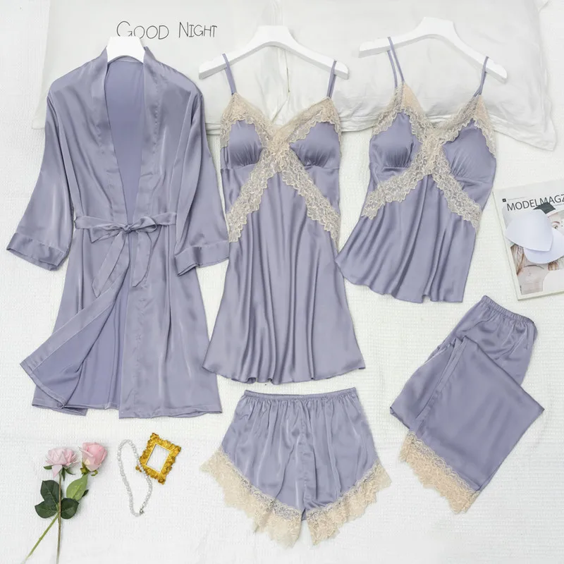 Spring Summer Women 5PCS Pajamas Set Kimono Bathrobe Gown Sexy Patchwork Lace Nightgown Sleepwear Loose Satin Home Wear Pyjama