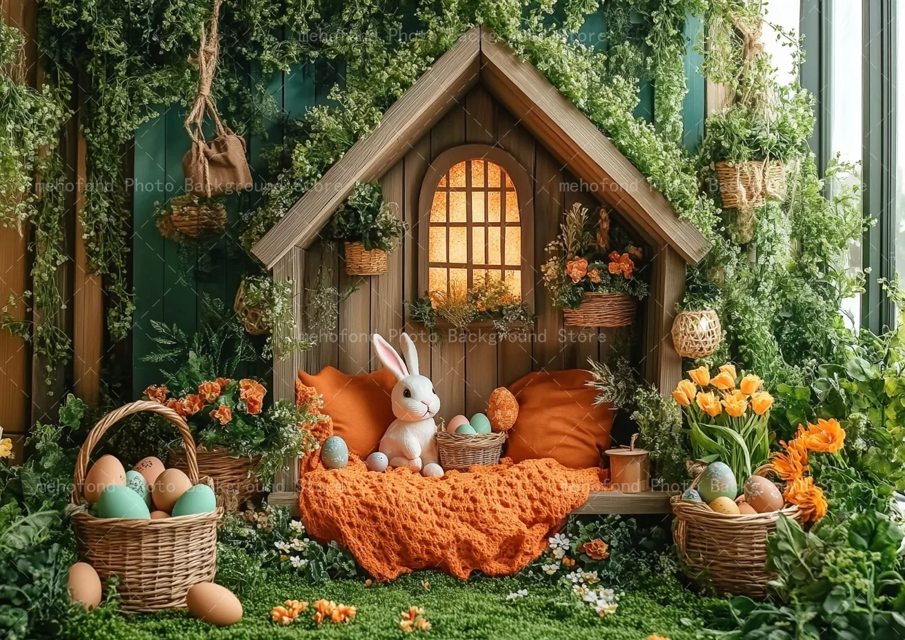เมโฮฟอนด์การถ่ายภาพพื้นหลังฤดูใบไม้ผลิอีสเตอร์บ้านไม้กระต่ายน้อยสีขาวไข่หลากสีสันเด็กภาพครอบครัวฉากหลังตกแต่ง