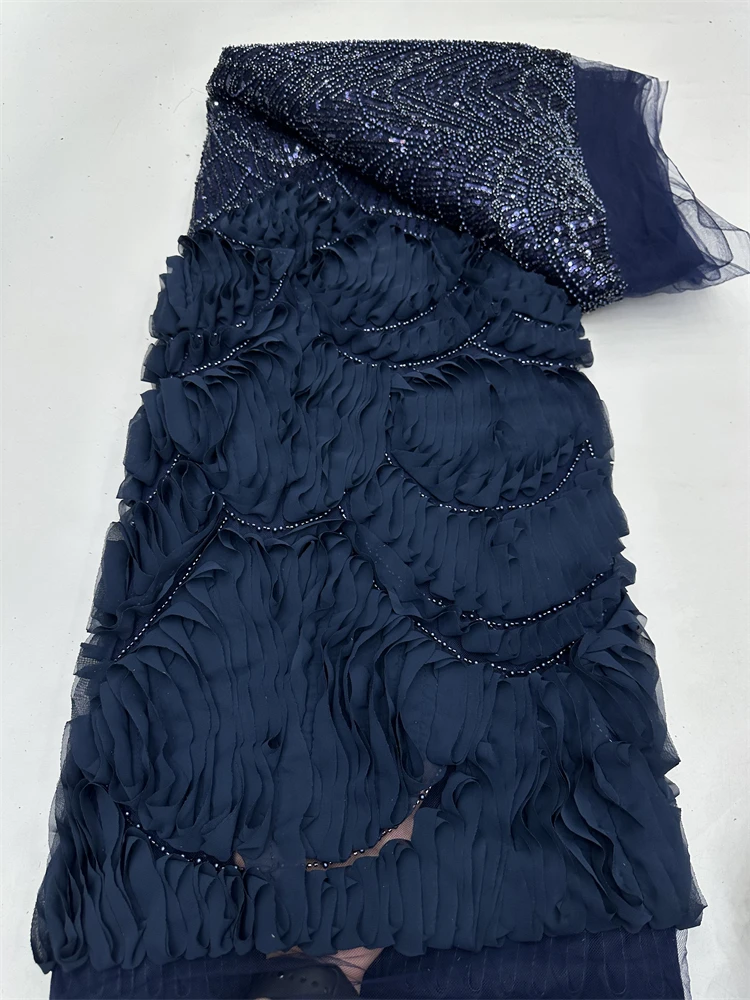 2025 Hot Sale Unique Fashion Africa Lace High Quality Algeria Handmade 3D Flower Embroidery Lace WIth Beads Party Wedding Dress