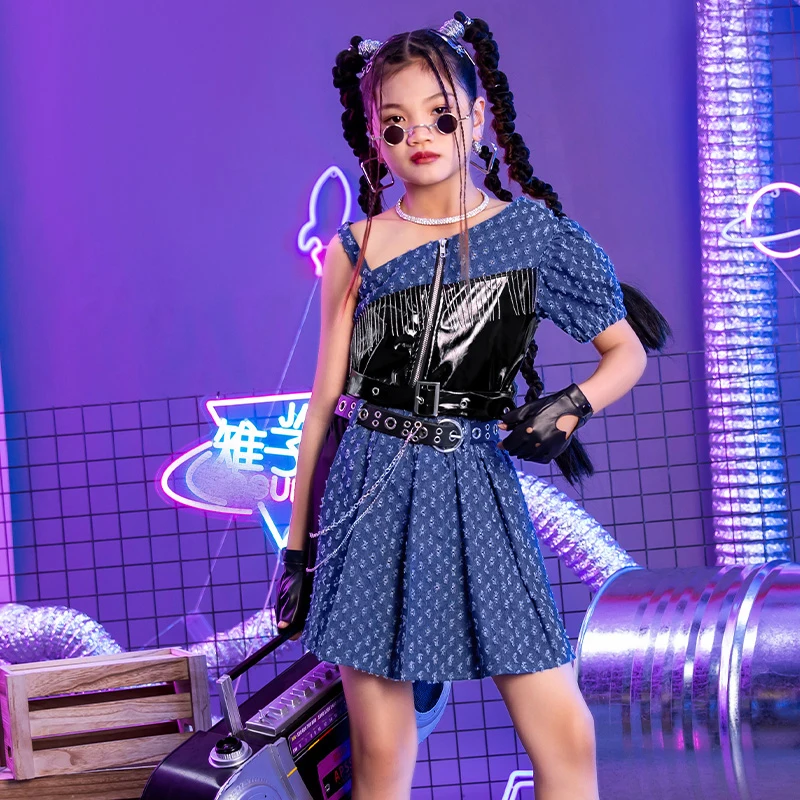 

New Ballroom Hip Hop Dance Costumes For Kids Single Sleeved Tops Skirts Suit Girls Jazz Performance Show Stage Clothes DQL8406