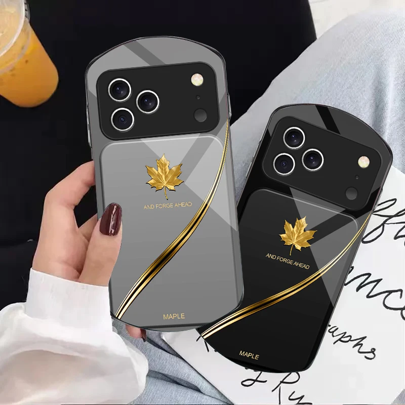 

Golden maple leaves For iPhone 17 16 15 14 Pro 13 Plus 12 mini 11 Pro Max XR X S 7 8 Elliptical Tempered Glass Phone Case