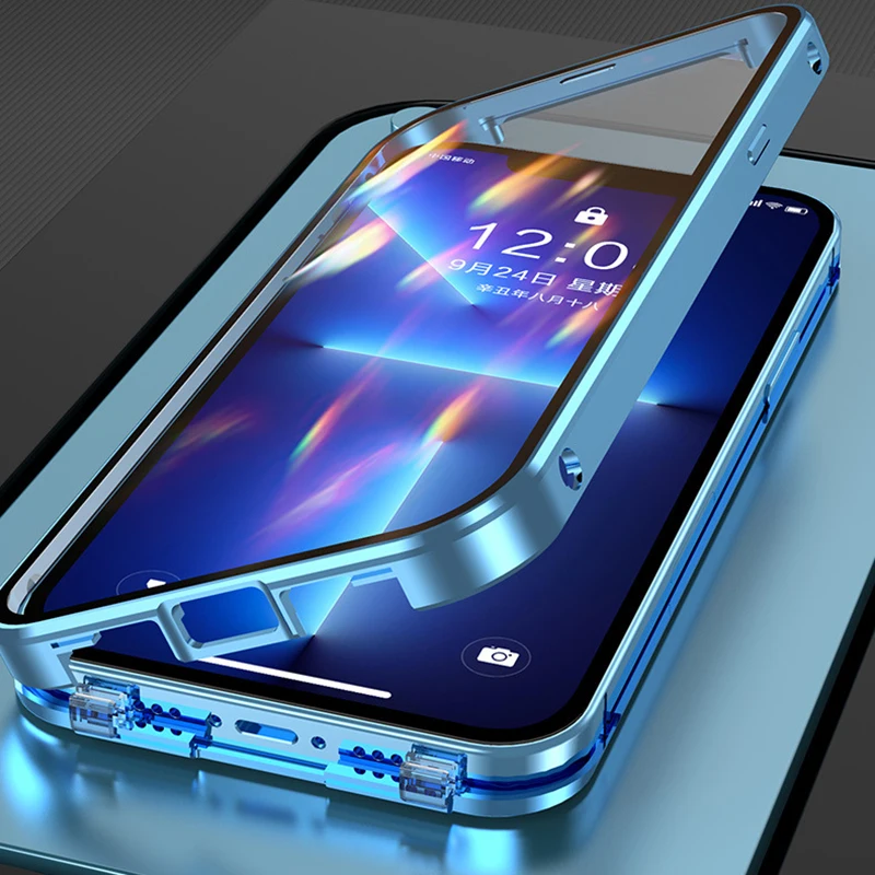 

Case for iPhone 13 12 11 Pro Max 15 14 Plus Shockproof Full Lens Protection Double Sided Buckle Magnetic Clear Lens Metal Cover