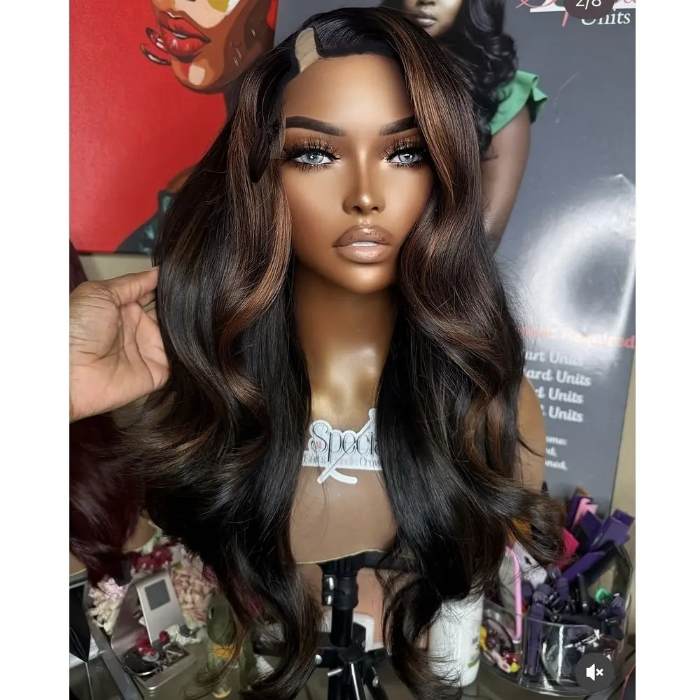 Leimlose, einfach zu tragende, natürliche 100% Echthaar-Perücken, 200 Dichte, rötlich-braun, Highlight, Body Wavy, 1x4 Größe, U/V-Teil-Perücken für Damen – Detail 1