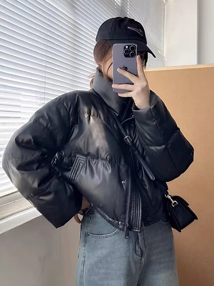 Jmprs Retro Moto Pu Puffy Mäntel Frauen lose Streetwear Langarm koreanische Parkas Winter dicke warme lässige Vintage Harajuku Tops