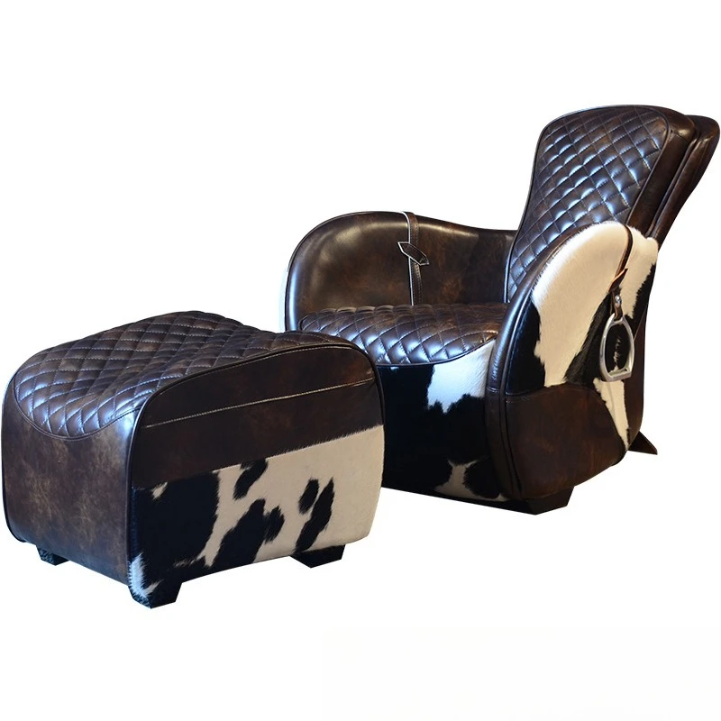 

Cowhide living room recliner leather whiskey cigar bar tiger chair creative saddle chair retro