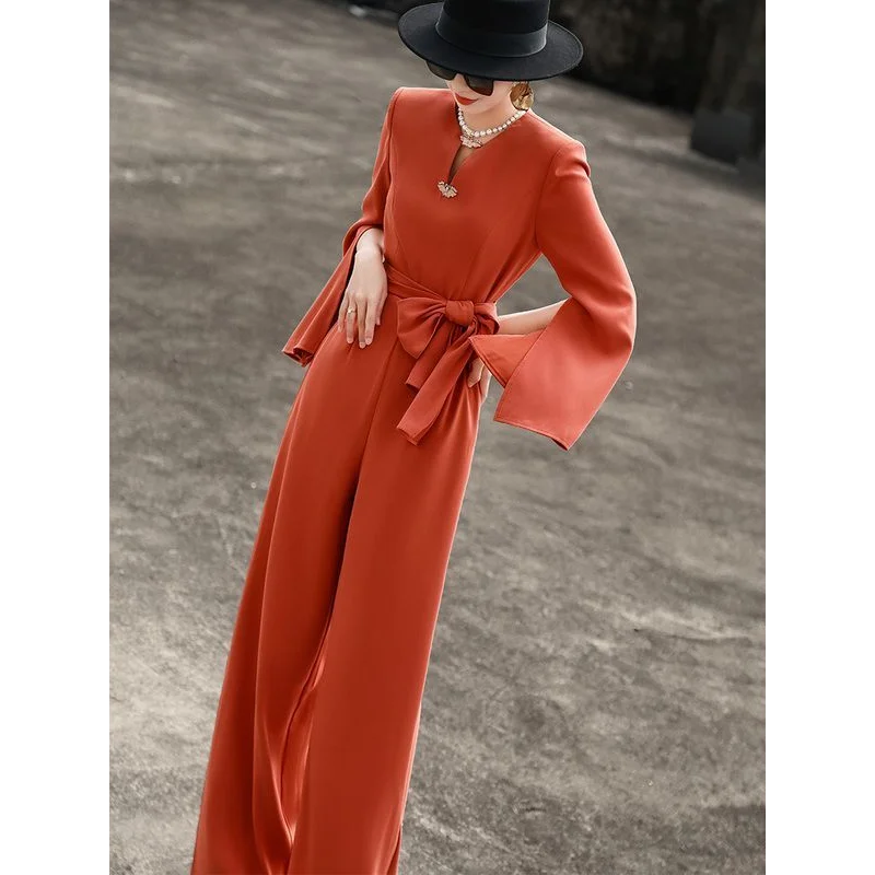

New Temperament Commuting Design Bell Sleeve Waist Strap High Waist Wide Leg Jumpsuit for Women