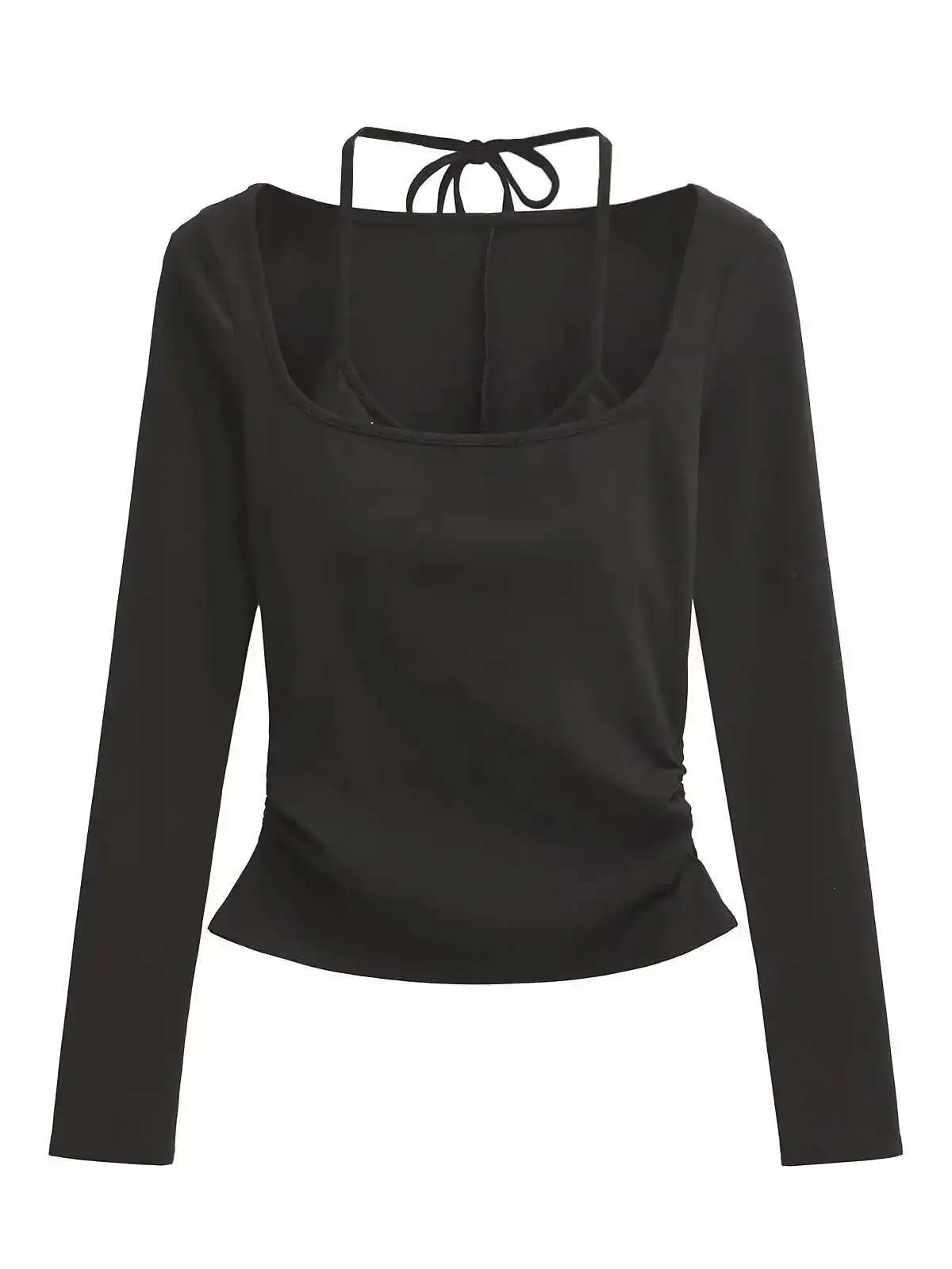 

2024 Autumn/Winter New Hanging Neck Fake Two Piece Long Sleeve Pullover Women Cinching Waist Solid Color Slim Short Top V795