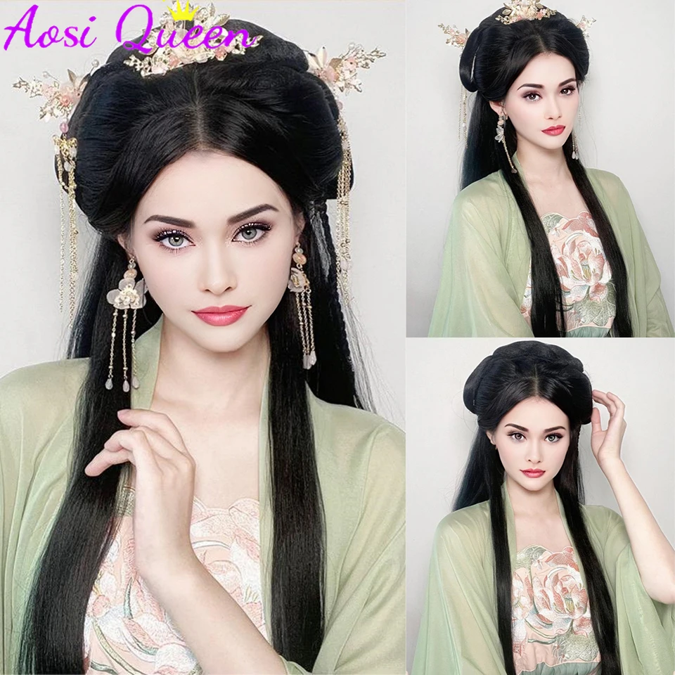 AOSI Synthetic Hanfu Wig Full Headgear Ancient Style Wig Bag All-in-one Headband Lazy Costume Wig Style Bun Headdress For Women