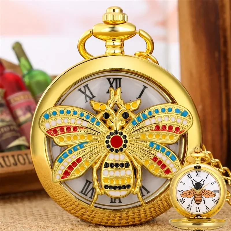 

Luxury Yellow Gold Pocket Watch Hollow Out Bee Cover Men Women Quartz Analog Clock Roman Number Dial Fob Sweater Chain Timepiece