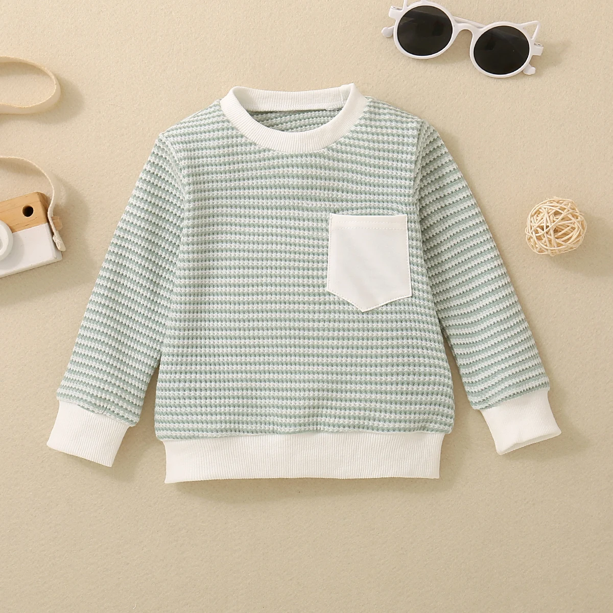 Fall Unisex Boys Girls Infants Light Green Casual Warm Comfortable Knit Striped Pocket Long Sleeve T-Shirt