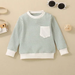 Fall Unisex Boys Girls Infants Light Green Casual Warm Comfortable Knit Striped Pocket Long Sleeve T-Shirt