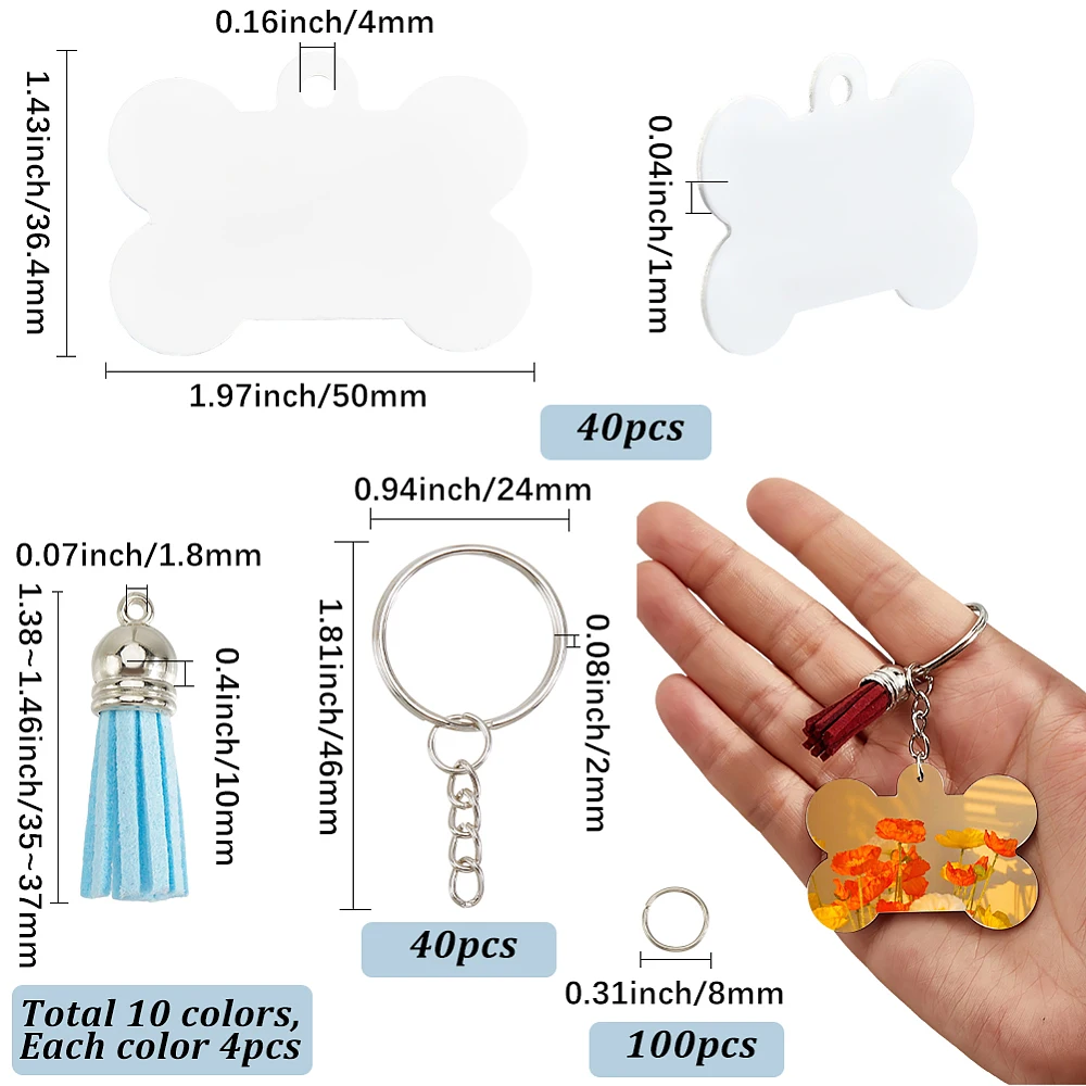 1 Box 220Pcs 40 Sets Sublimation Keychain Set Sublimation Blank Dog Tags Bulk Bone Shaped Heat Transfer Split Rings Key Chains