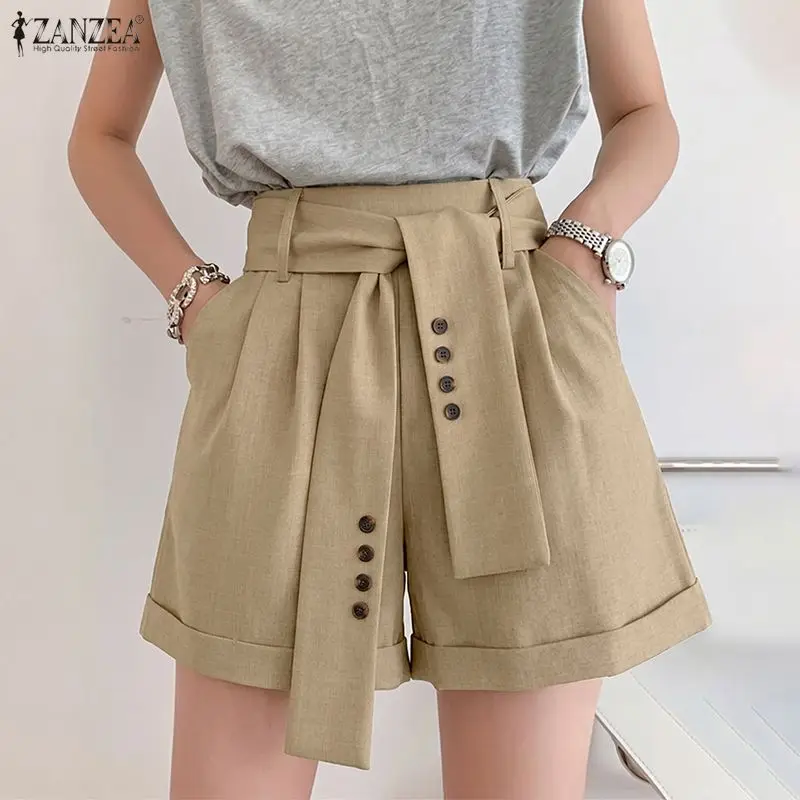 2026 ZANZEA Women Elastic Waist Solid Shorts Summer Casual Baggy Pantalon Female Elegant OL Work Palazzo Lace -Up Holiday Pants