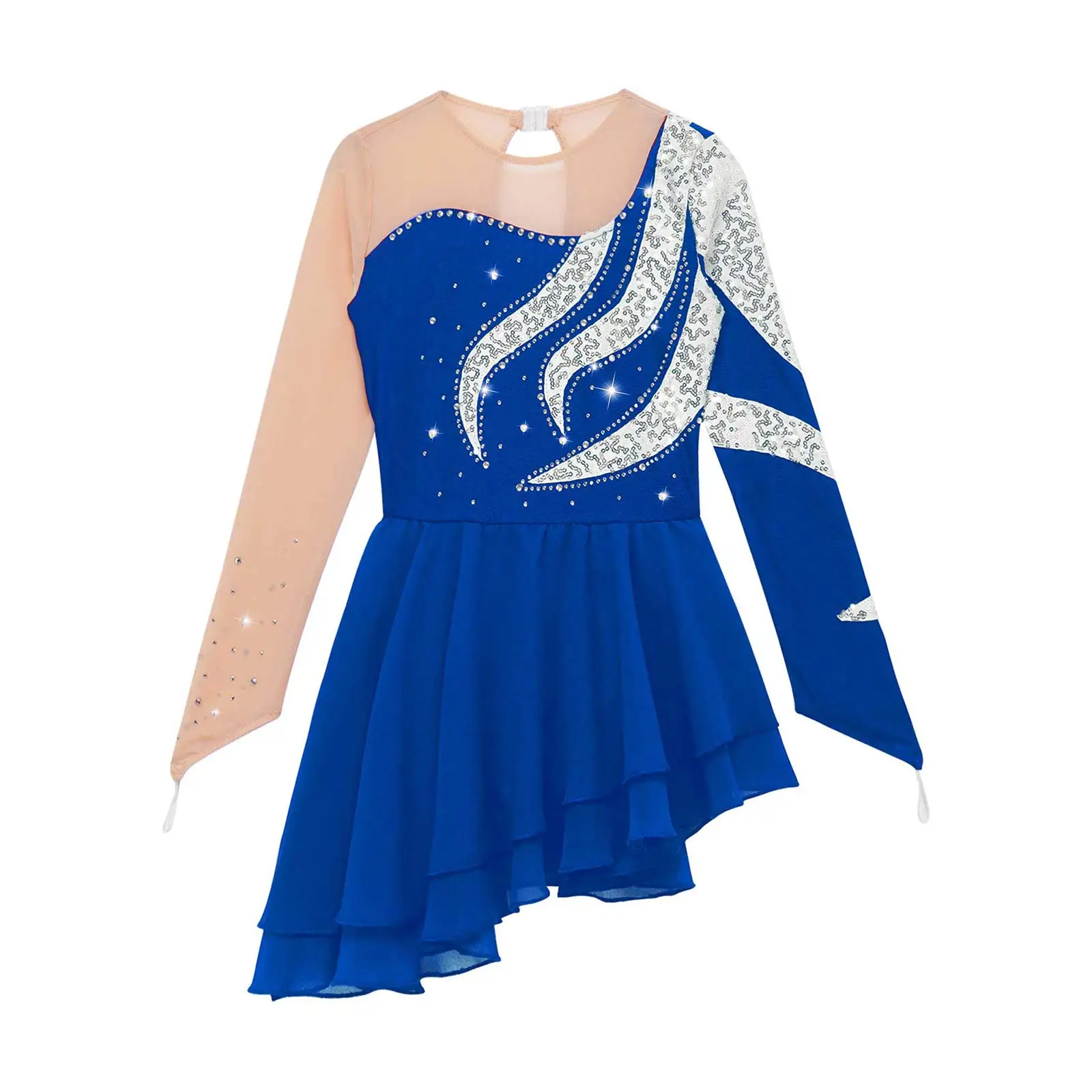 Kids Girls Figure Skating Costumes Long Sleeve Sequins Ballet Dance Dress Gymnastics Leotard Competition Performance Dancewear