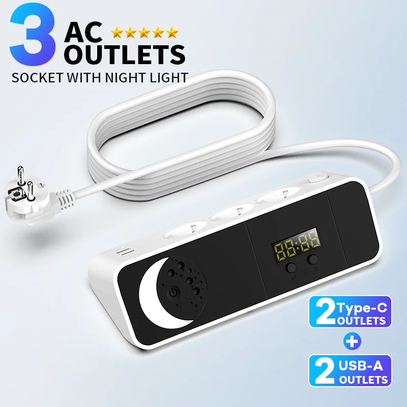 Enchufe europeo, toma de corriente, adaptador de corriente, toma de pared, toma de corriente eléctrica, 2 metros, reloj, luz nocturna LED