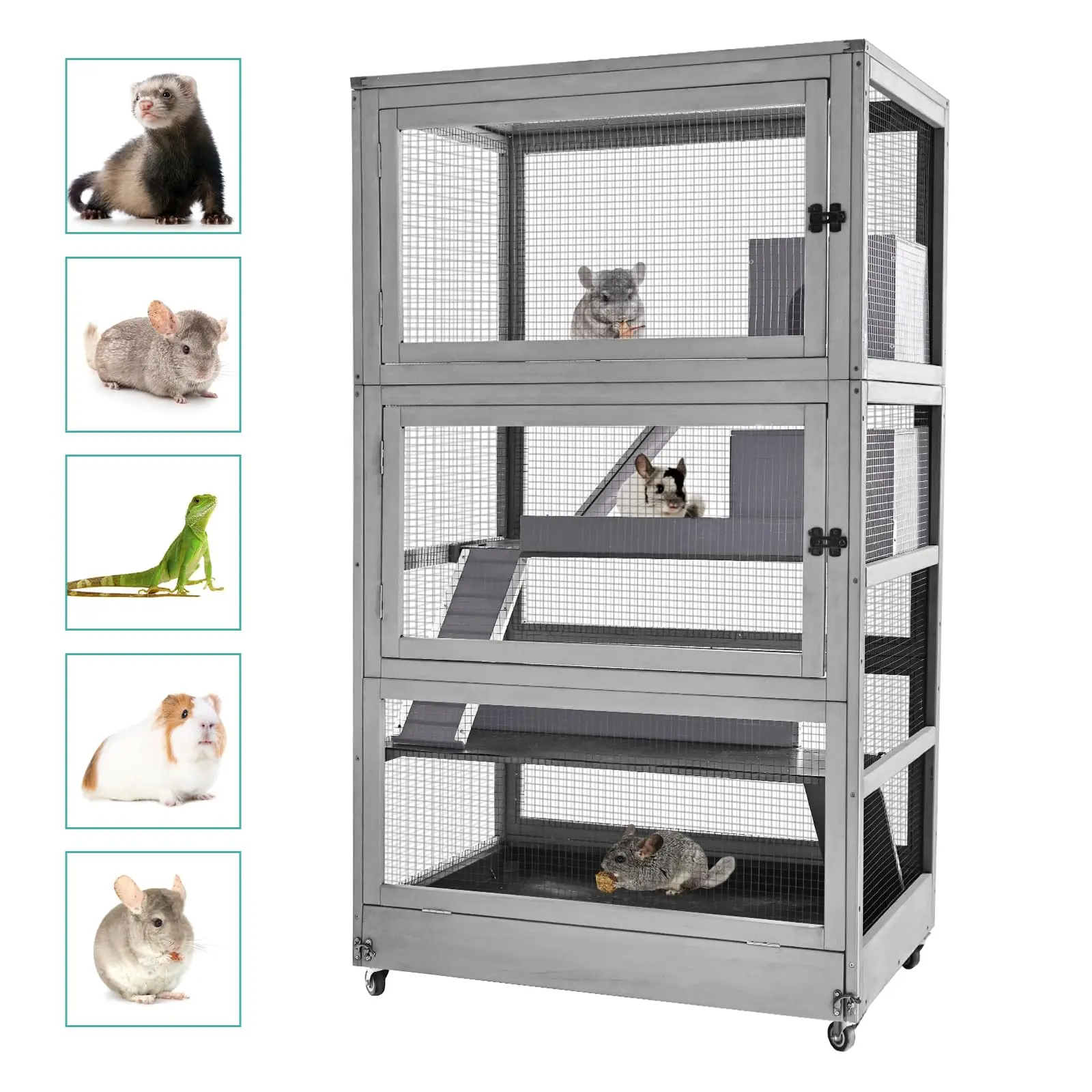 Large Guinea Pig Cage,4 Levels Wooden Ferret Cage with Wheels,Chinchilla Cage Upgrade Metal Frame Rat Cage for Indoor