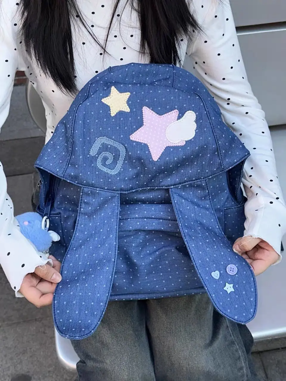 Sweet Girls 3D Bunny Ear Backpack Polka Dot Denim Texture Star Patch Bag Lightweight Student Daily Travel Rucksack