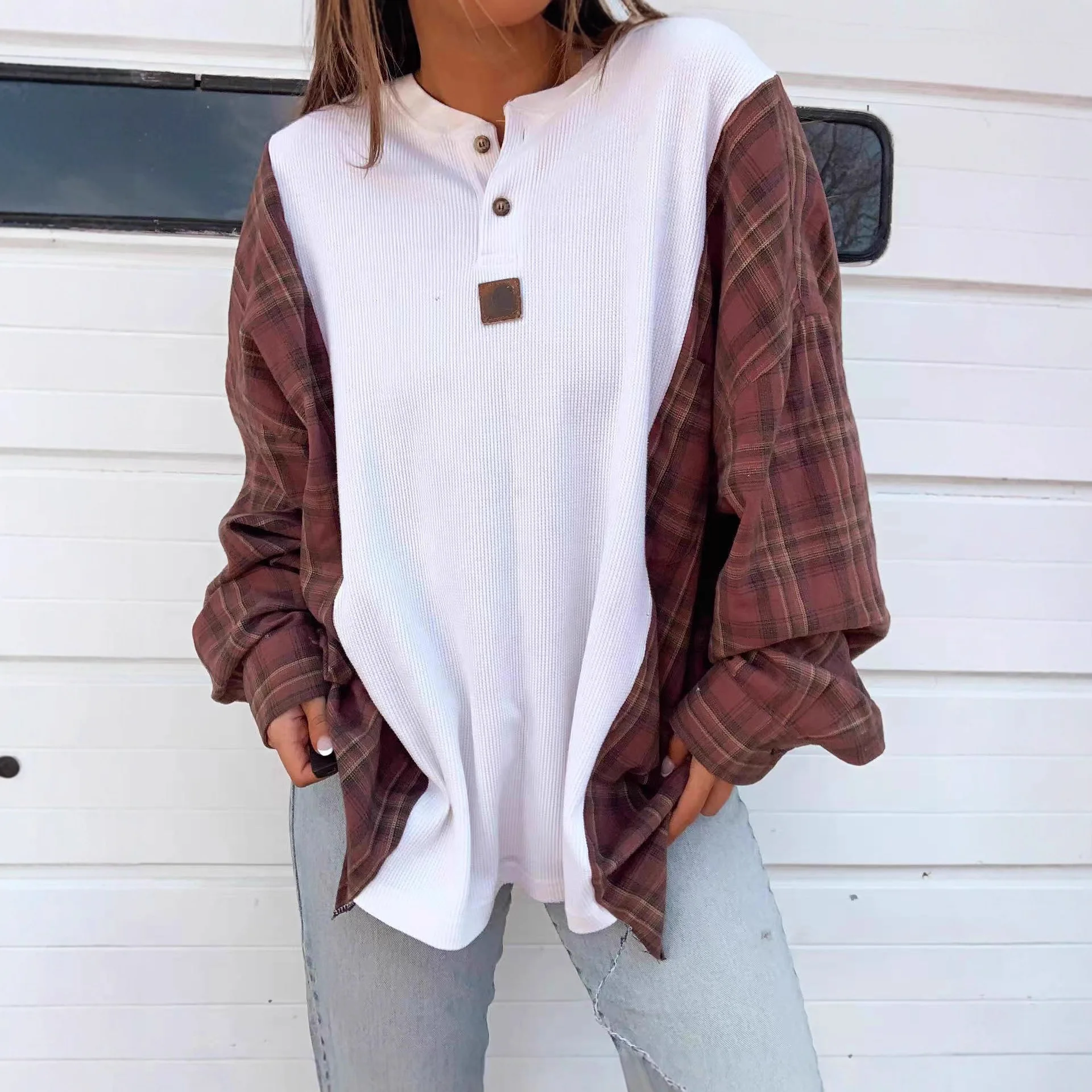 

Autumn Spring Women's Loose Knit Blouse Colorblocked Plaid And Rounded Neck Long Sleeve Casual Loose Button Pullover Shirt Tops