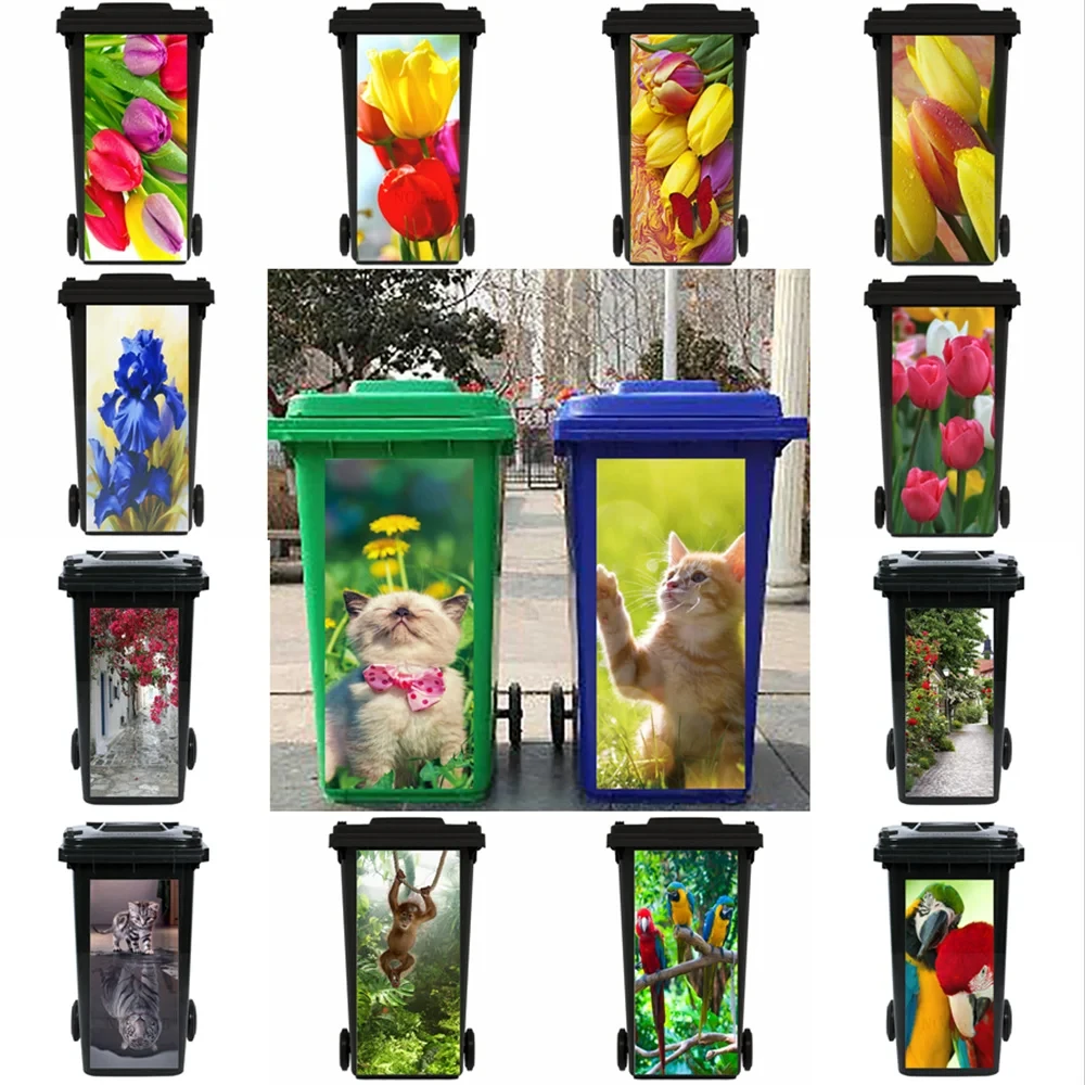 Funny Cat Large Trash Can Sticker Outdoor Dustbin Decoration Wallpaper Self-adhesive PVC Floral Decal Rubbish Bin Sticker Flower