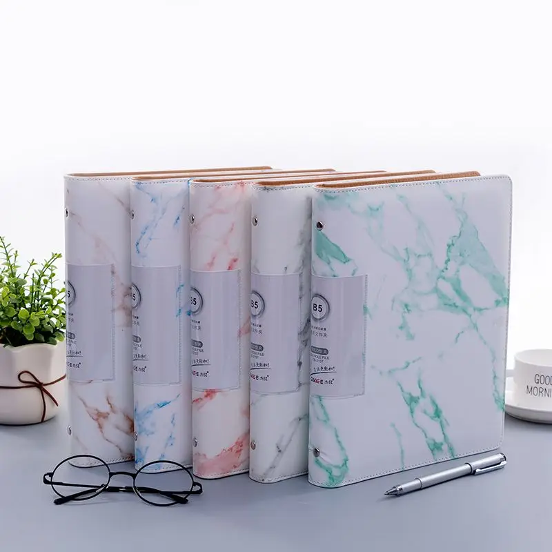 A5 20 hole Leather Clip Multilayer File Folder Binder Marble Pattern Student Paper Board Folder Office Storage Clip for School