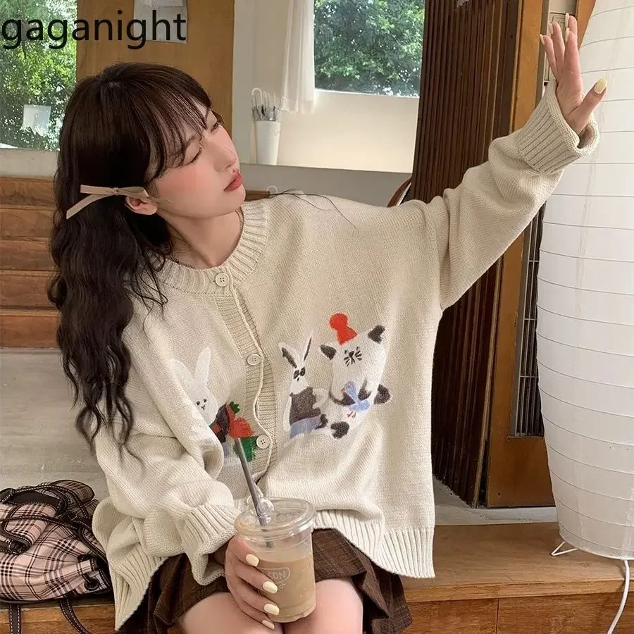 Gaganight Women Sweet Bunny O neck Jacquard Sweater Knitted Cardigan Women's 2024 Autumn Winter Lazy Style Loose Versatile Top