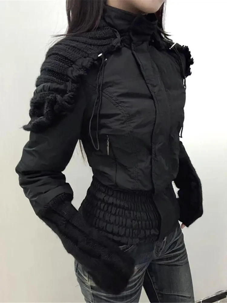 Women Black Hoodies Parka Jacket Overcoat Warm Thicken Coat Korean 90s Vintage Harajuku Padded Jacket Clothes Winter Autumn