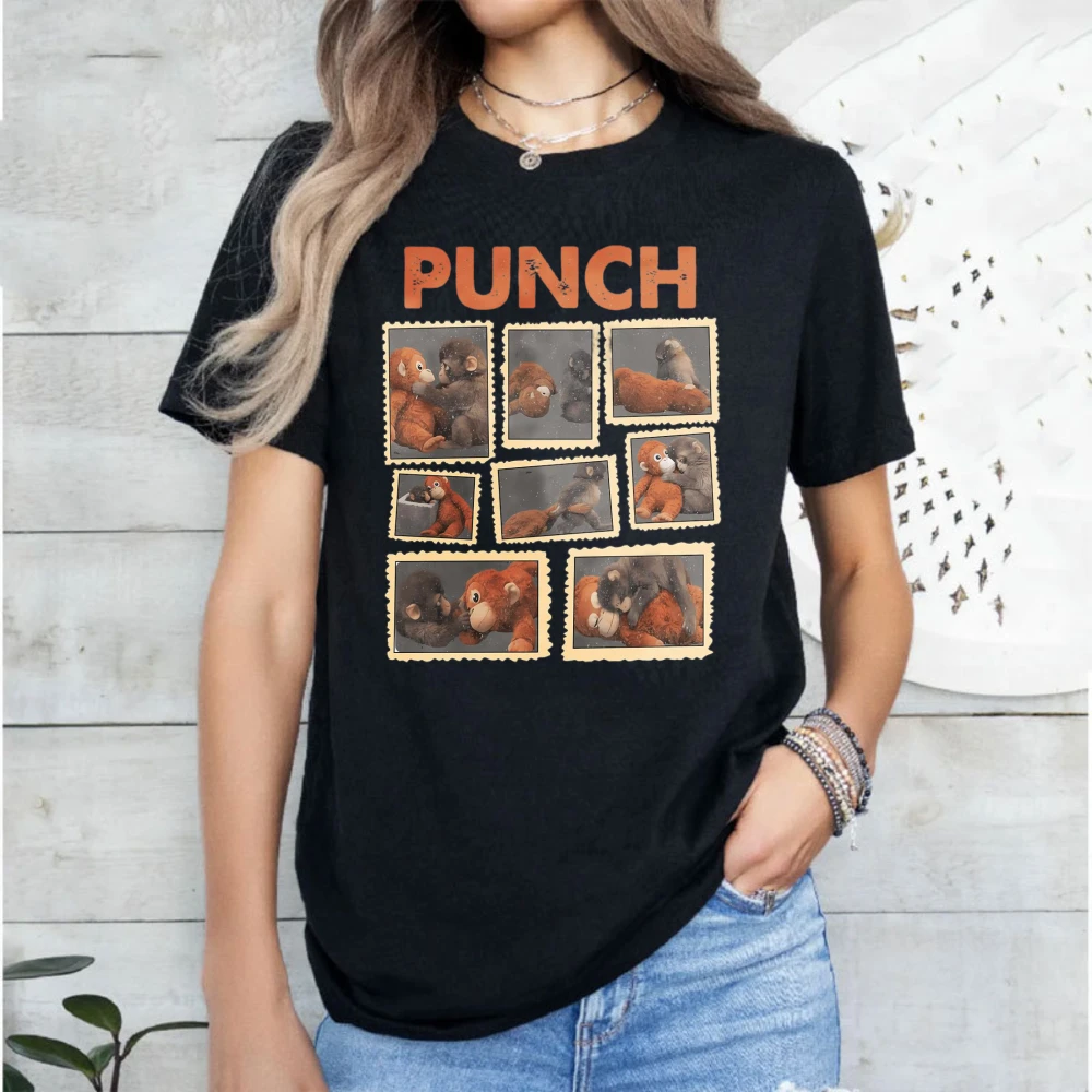 Monkey Punch Cozy Shirt Baby Monkey and Plush Toy Animal Lover Gift Cute Viral Shirt Graphic Tee Casual Cotton Tops for Women