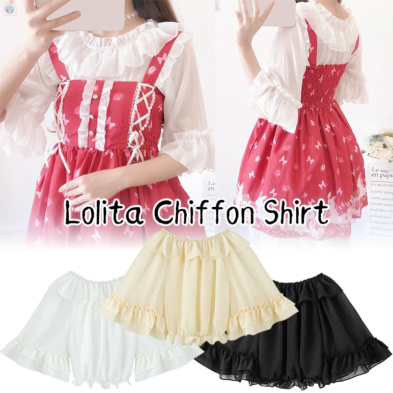 Sweet Lolita Chiffon Blouses Women Cute Bow Ruffles Three Quarter Flare Sleeve Undershirt Girl Kawai Off Shoulder Shirt Crop Top