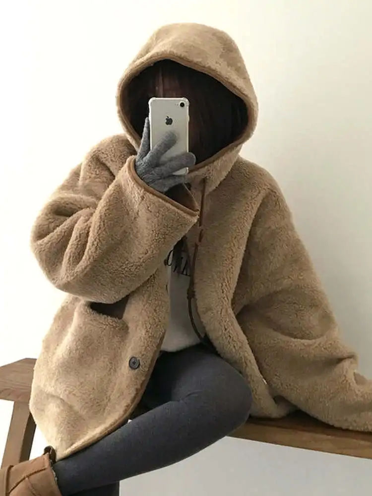 

Пушистая хлопковая женская куртка с капюшоном оверсайз, осень-зима, теплая меховая кожа, встроенный большой модный топ