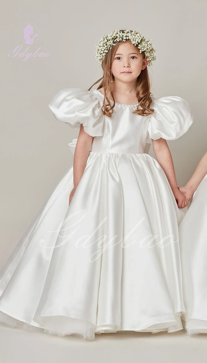 Mini vestido de satén con flores para niña, para boda, hasta la rodilla, hinchado, cumpleaños, elegante, primera comunión, vestidos de baile de princesa para bebé