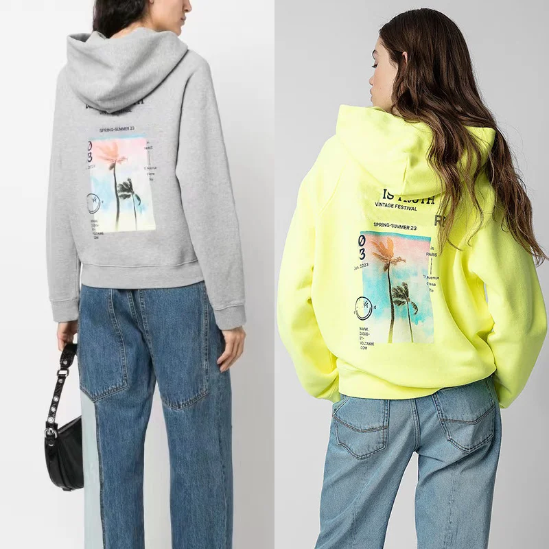 

Zadig Hooded Sweatshirt Female Casual Bright Yellow Hoodies Ladies Fashion Coconut Tree Pullovers Women Grey Wing Hoodie Padded