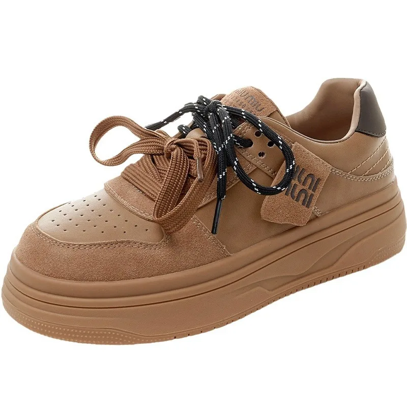 Korean version leather thick soled white shoes for women, spring 2025 new item