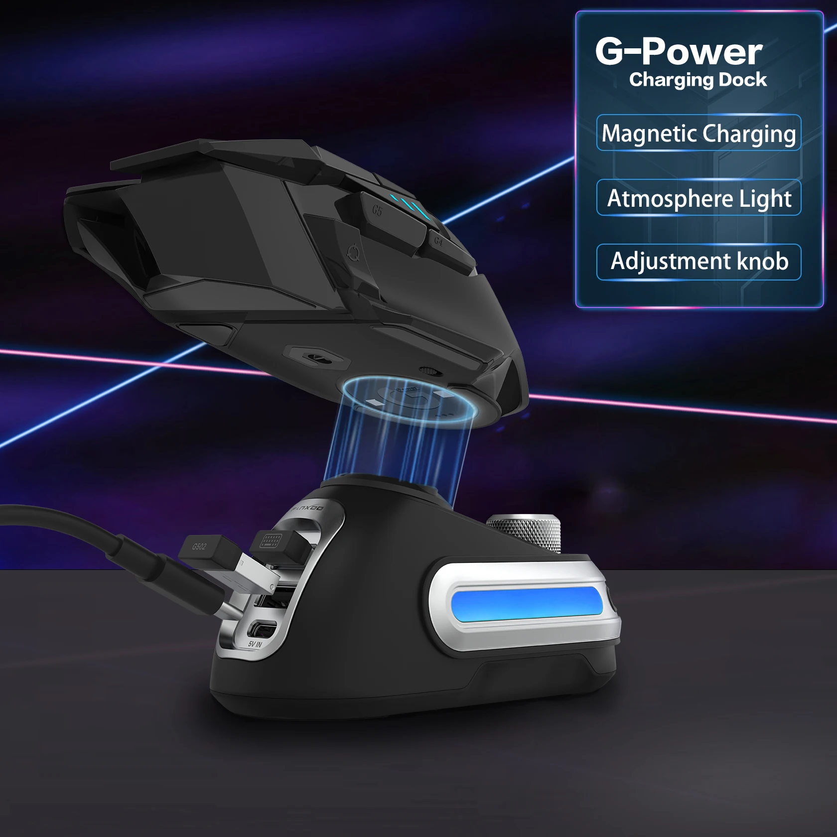 Fanxoo G-Power Mouse Wireless Charging Dock for Logitech G502 G502X Plus GPW G903 with RGB light  computer volume control knob