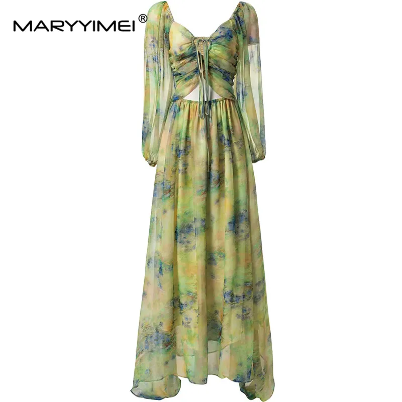 

MARYYIMEI Spring Summer Women's Dress V-Neck Lantern Sleeved Lace-UP Folds Bohemian Holiday High Waiste Print Dresses