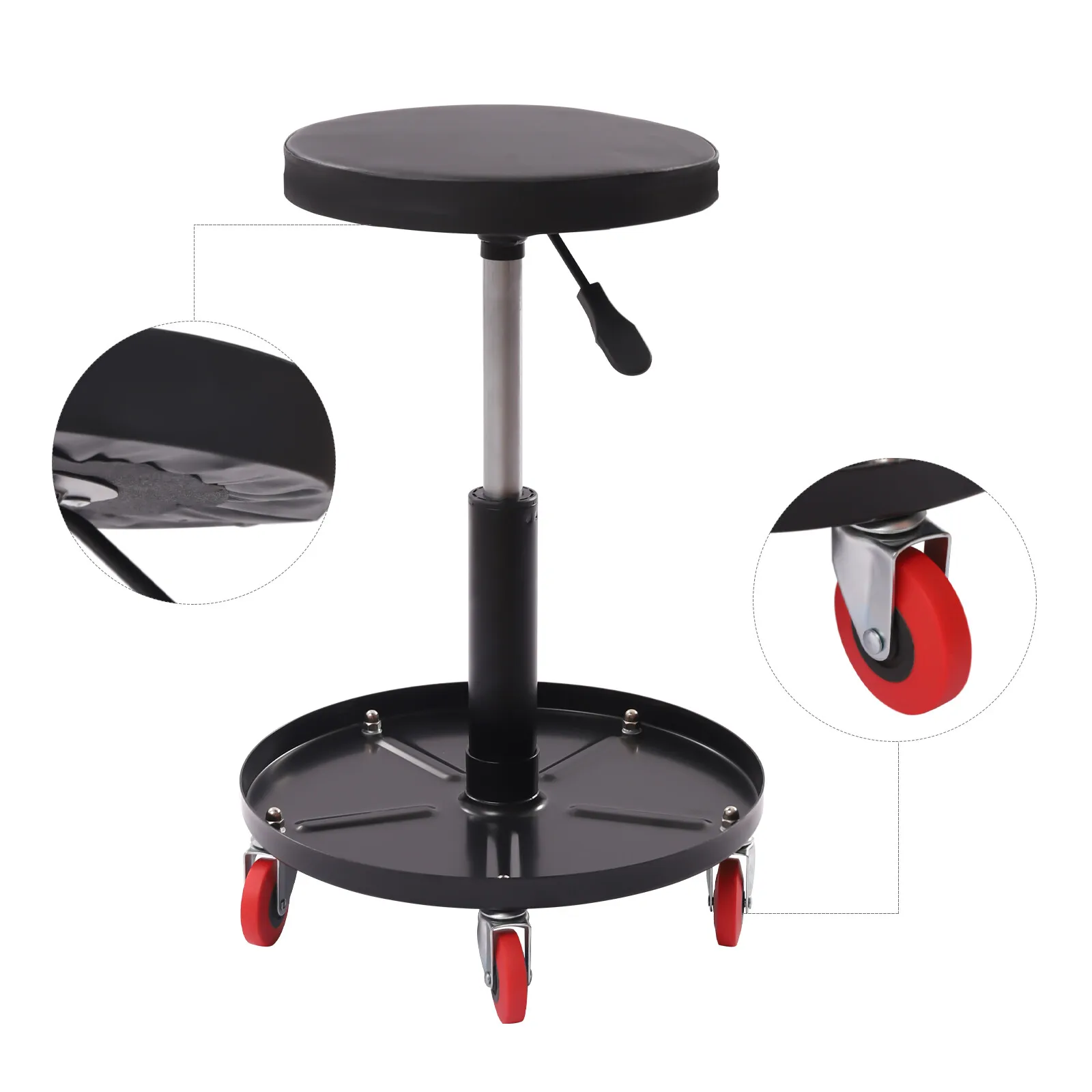 Banco de garagem rolante, assento de oficina mecânica, com 5 rodízios, 300LBS, altura ajustável 44-56cm, aço + PU