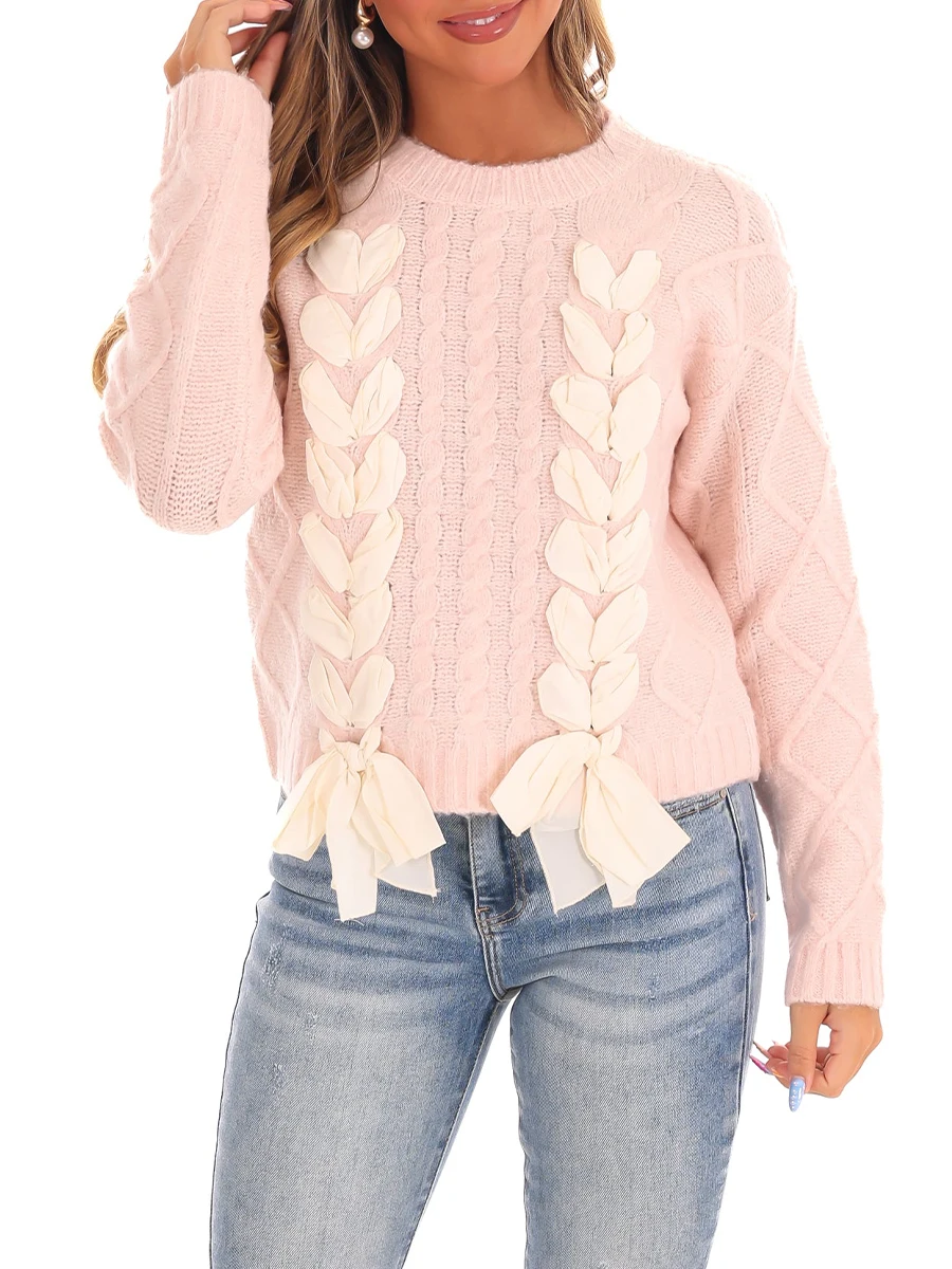 Y2k Bow Knot Knitted Sweater Women Cute Long Sleeve Crewneck Ribbed Crochet Knit Pullover Top Knitwear Pink