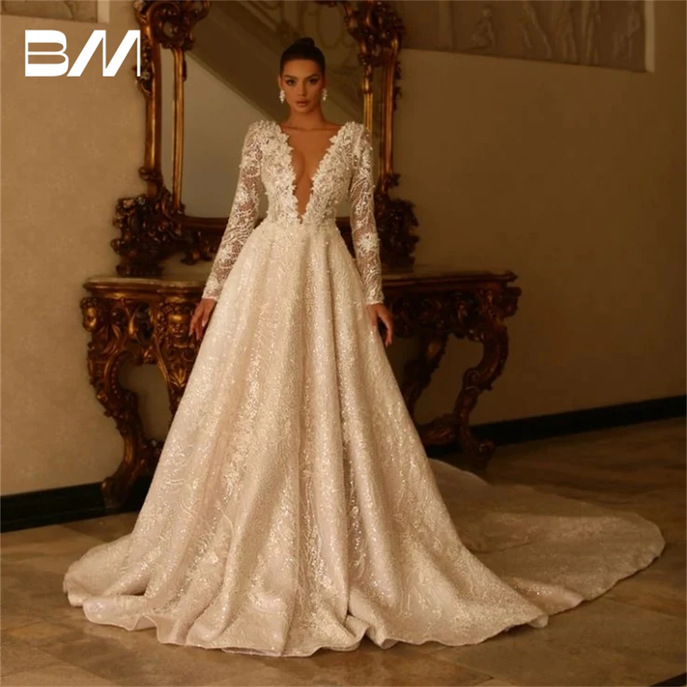 

Embroidery Wedding Dresses for Women Long Illusion Sleeves Customized V Neck Bridal Gown Court Train Gorgeous Bride Dresses