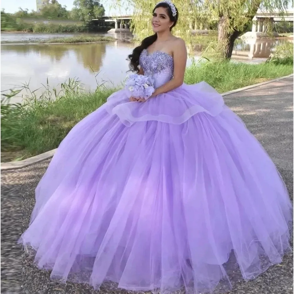 ANGELSBRIDEP-vestido De baile De quinceañera con cuentas De encaje, dulce vestido De princesa para fiesta, lavanda, escote Corazón, 15 Años