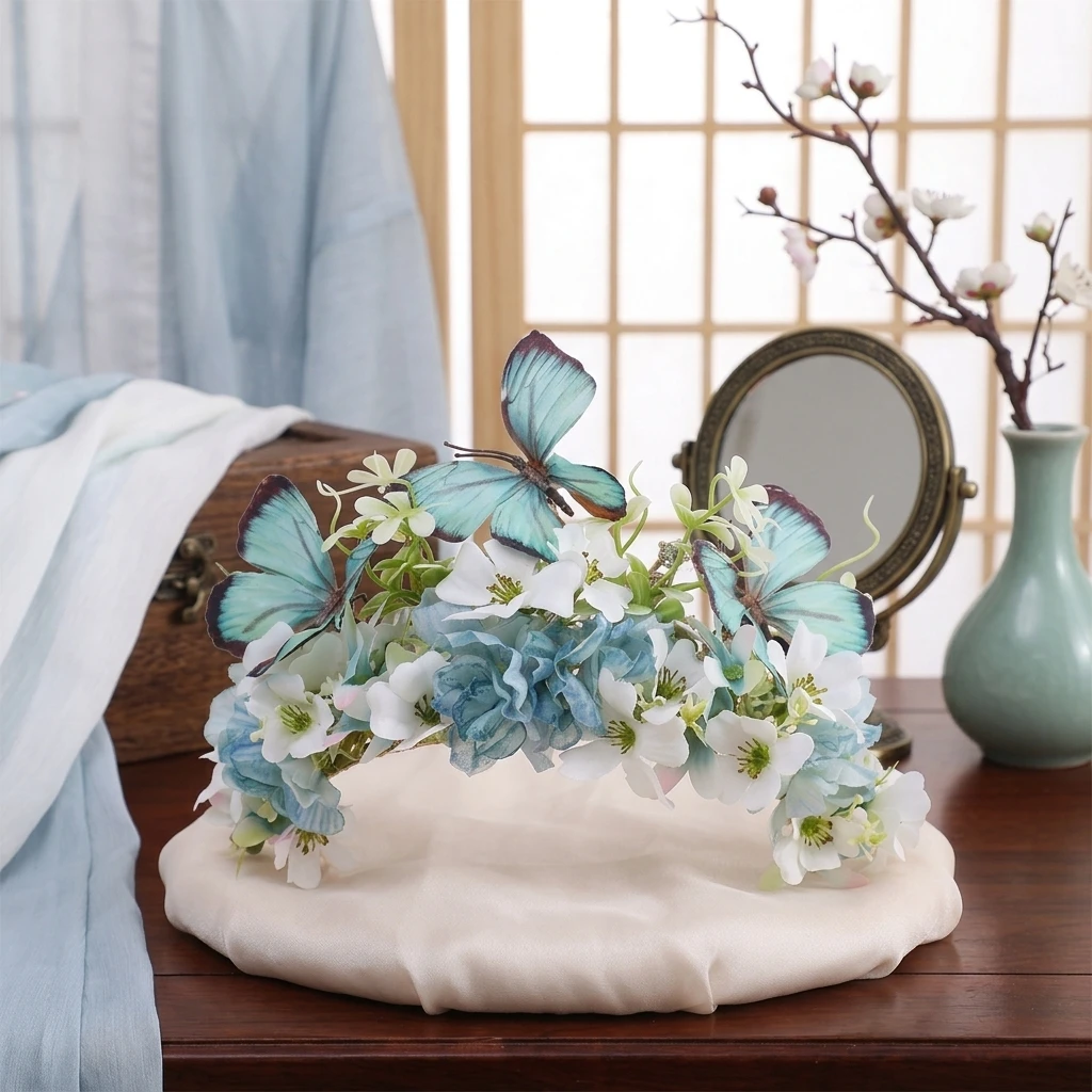 Elegant Flower Crown Butterfly Hairpiece for Hanfu Photoshoot Traditional Chinese Headwear Silk Floral Wedding Accessory view 4