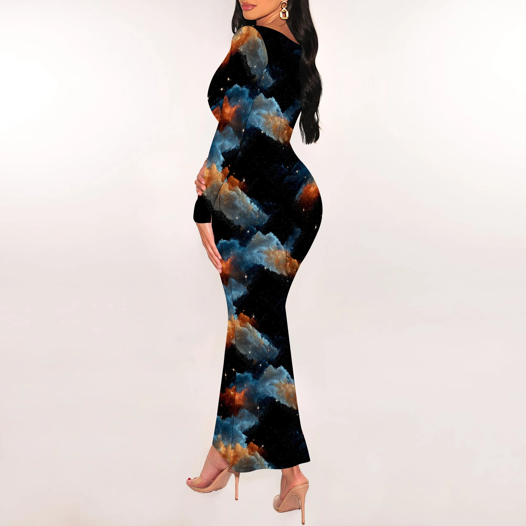 Abito lungo maxi aderente da donna a maniche lunghe con scollo quadrato
