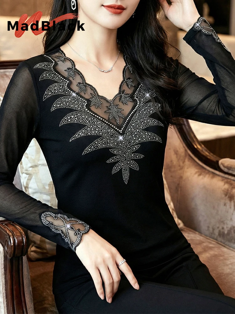 

MadBlack-женская европейская футболка, сексуальный V-образный вырез Hot Diamond, уличная тонкая трикотажная футболка с длинными рукавами S-2XL, новинка весны 2026 T5D067CC
