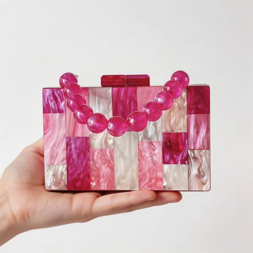

Women Shoulder Bag Rose Red Luxury Plaid Acrylic Evening Box Clutch Flap Lady Mini Summer Beach Gift Wedding Wallet Party Purse