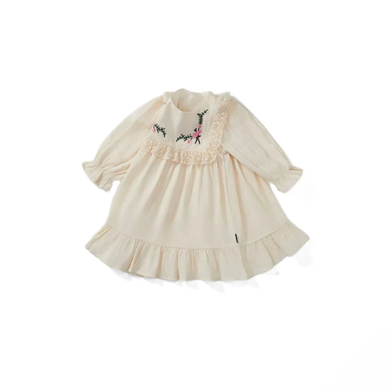 

Girls Embroidered Dress Spring New Style French Lace Trim Puff Sleeve Princess Dress for Toddlers and Young Girls