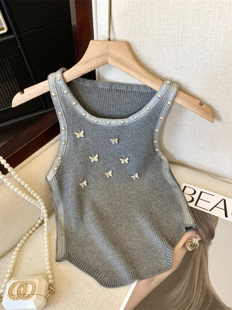 New Fashion Sweet Bowknot Knit Sweater Vest Women\'s Crop Tops 2024 Summer Sleeveless O-neck Knitwear Sexy Pullovers Female