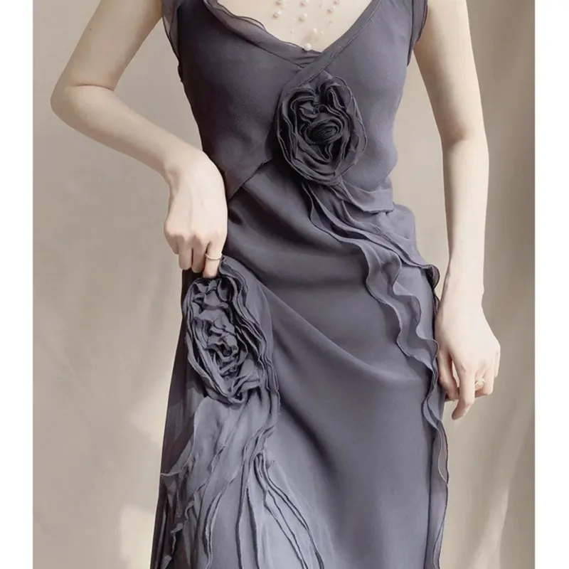 Retro design with rose strap new fashion reduction waist temperament maxi dress