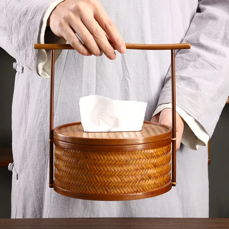 Retro Chinese Style Tissue Box Bamboo Woven Napkin Box Handheld Rectangular Paper Holder Living Room Tea Ceremony Decorations