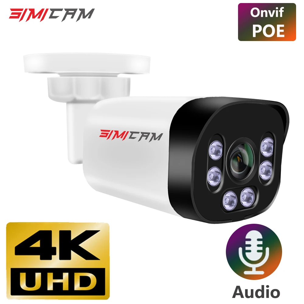 SIMICAM 4K Poe Camera With Audio 48V POE/DC 12V 4MP/5MP/8MP Super HD Infrared Night Vision Bullet Video Surveillance for Nvr