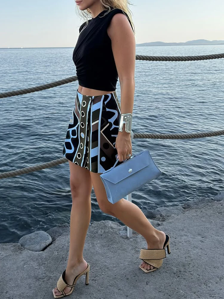 Summer Fashion Party Vintage Pattern Print Silk Mini Pencil Skirt Women's Low Waist Slim Buckle Strap Buttock Covering Skirt