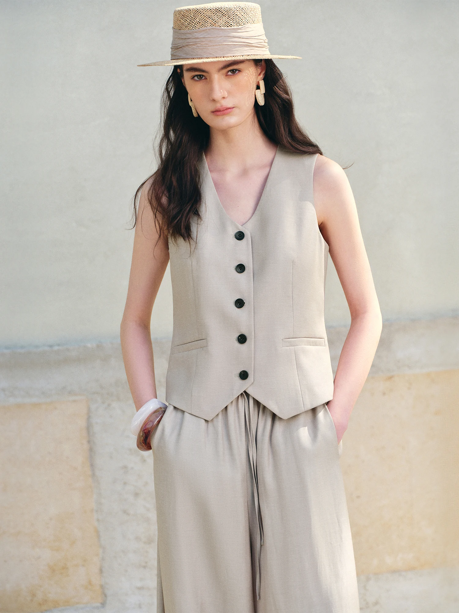 ZIQIAO Women Old Money Style Waist Cinched Vest & Wide Leg Pants Set Elastic High Waist Skirted Trousers Casual Two-Piece Outfit